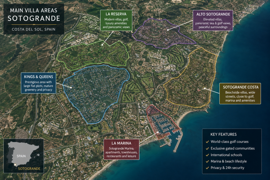 Satellite map of main villa areas in Sotogrande including La Reserva, Kings & Queens, Alto Sotogrande and Sotogrande Costa