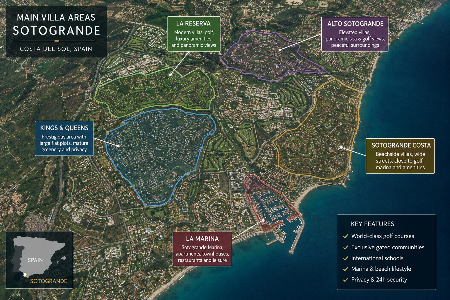 Map guide showing the main villa areas in Sotogrande Spain