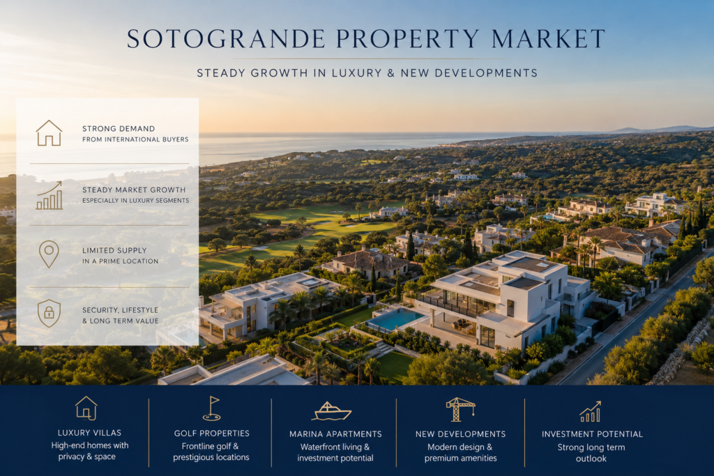 Luxury property market in Sotogrande with modern villas, golf views and Mediterranean coastline