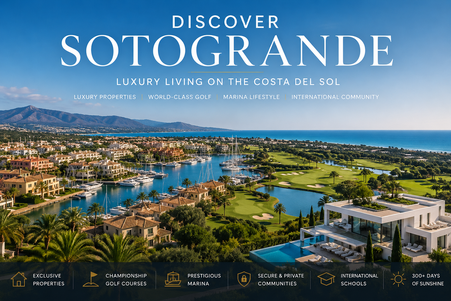 Luxury aerial view of Sotogrande Spain featuring marina homes, golf courses, Mediterranean coastline and modern villas