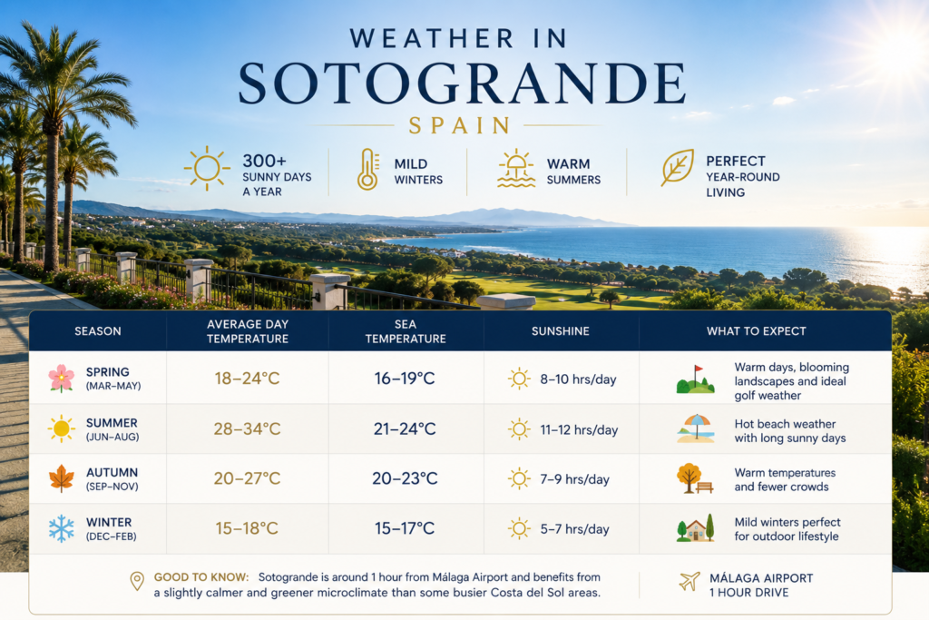 Sunny weather in Sotogrande Spain with Mediterranean coastline, blue skies and year-round outdoor lifestyle