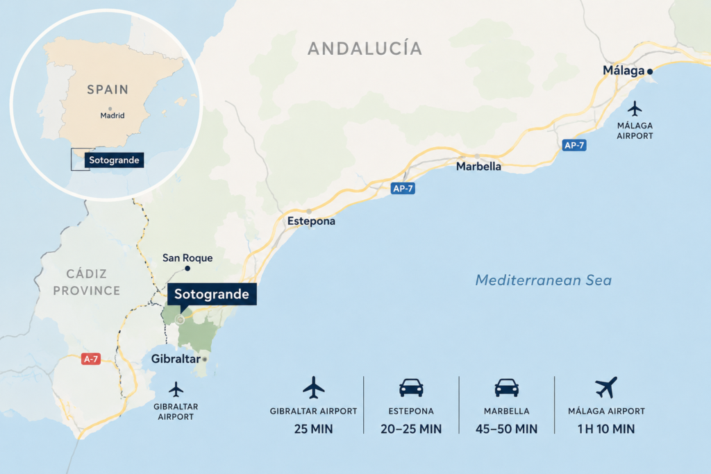 Map showing where Sotogrande is located on the Costa del Sol between Marbella and Gibraltar